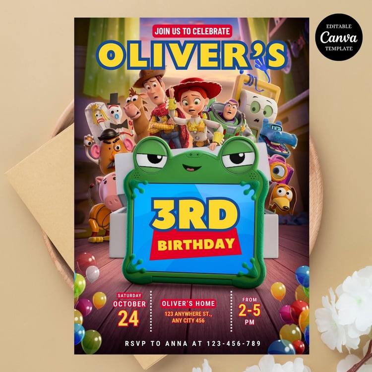 Editable Toy Story 5 birthday invitation Canva template featuring colorful cowboy and space-themed party characters, printable digital invitation with instant download.