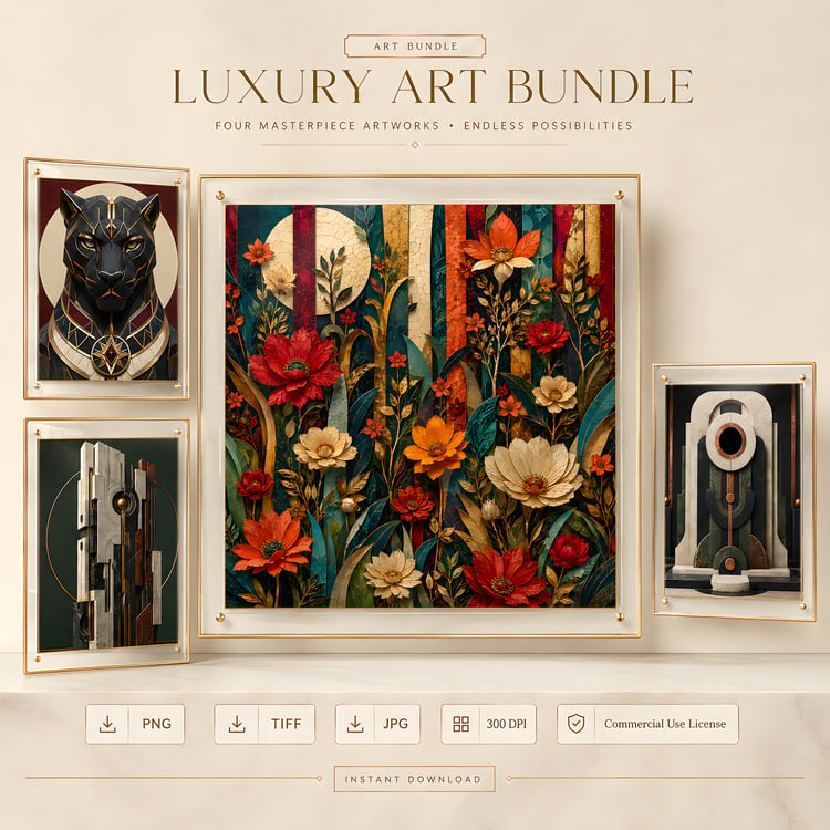 Luxury Art Deco abstract wall art bundle featuring botanical florals, a geometric black panther portrait, and monumental marble-inspired architectural sculptures in emerald, burgundy, cream, copper, and gold tones.
