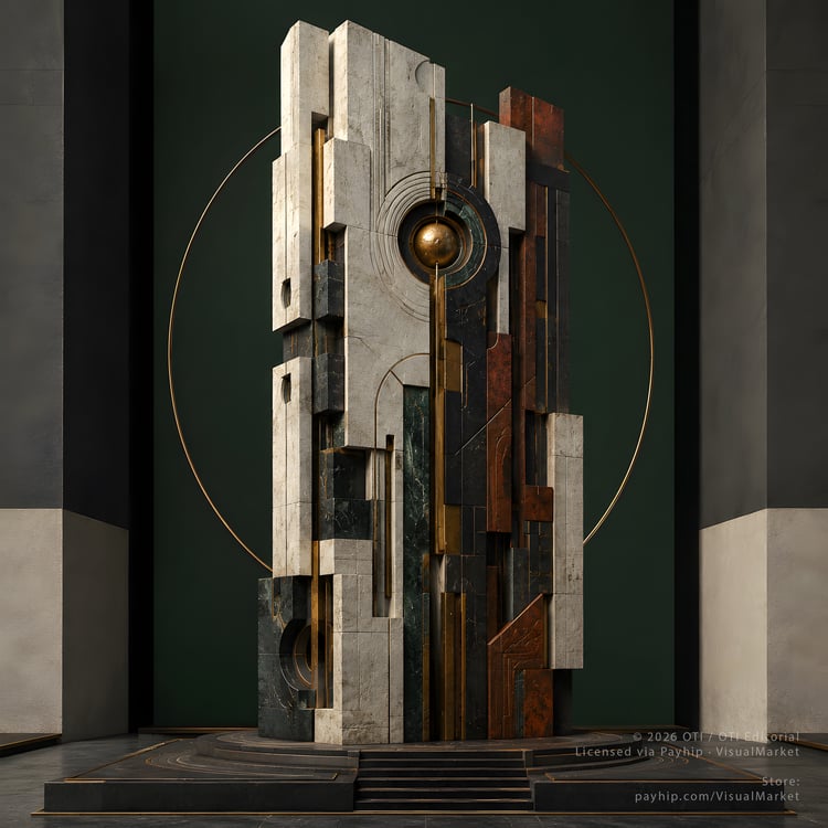 Monumental abstract architectural sculpture artwork with stacked marble, black stone, copper, green panels, gold lines, and a central glowing orb.