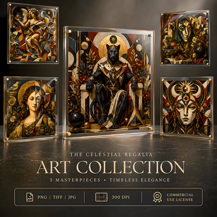 Luxury celestial abstract art bundle featuring gold-accented goddess portraits, mythic black panther royalty, cubist classical figures, moon phases, sacred geometry, deep crimson, teal, ivory, and black museum-style artwork.