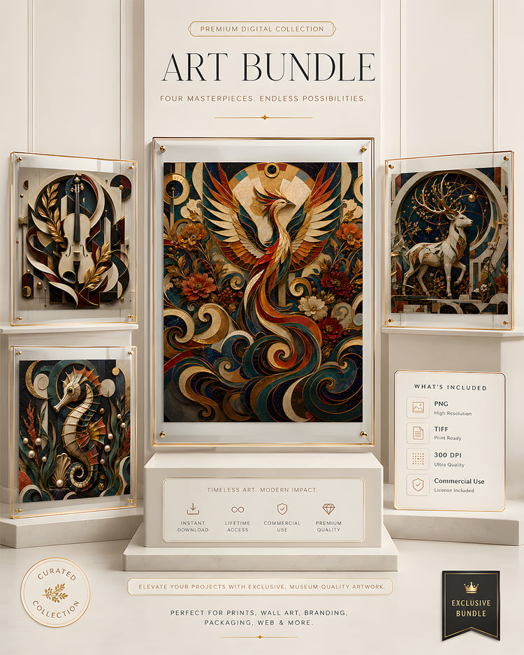 Luxury Art Deco digital art bundle featuring a gold marble violin, ornate seahorse, and celestial stag artwork with deep teal, burgundy, ivory, botanical leaves, geometric shapes, and metallic gold detailing.