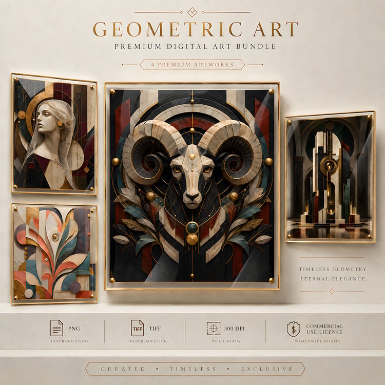 Luxury abstract Art Deco wall art bundle featuring sculptural ram artwork, veiled classical portrait, architectural marble relief, and botanical geometric composition with gold accents.