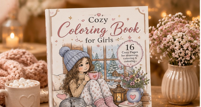 Cozy Coloring Book for Girls & Teens displayed in a cozy home setting with warm decor, flowers and printable coloring book cover.