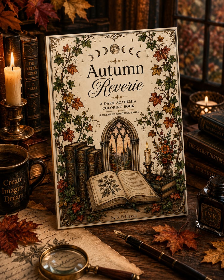 Autumn Reverie Dark Academia Coloring Book mockup on vintage desk with antique books, candle, magnifying glass and autumn leaves. Printable adult coloring book PDF.