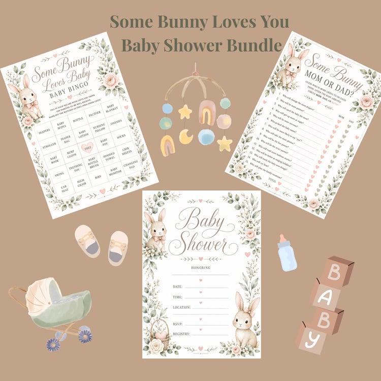 Gender neutral bunny themed baby shower bundle featuring elegant woodland watercolors and soft colors.