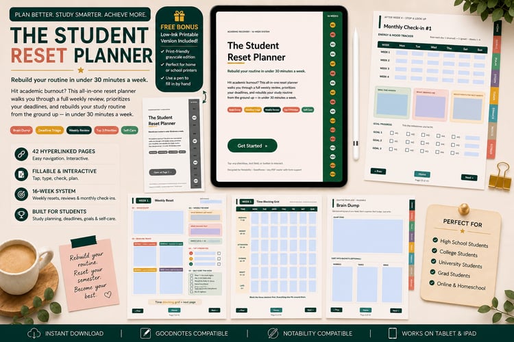 A clean, premium flat-lay mockup of The Student Reset Planner on a light wood desk. An iPad at the center displays the planners interactive cover page, surrounded by printed planner pages including a weekly reset, time-blocking grid, brain dump, and mont