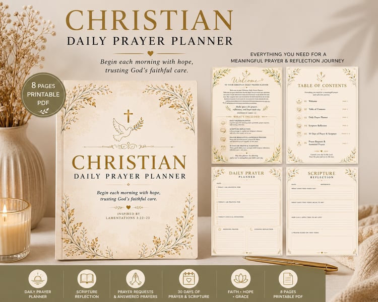 Christian Daily Prayer Planner printable with 8 faith-based journal pages and cream gold botanical design