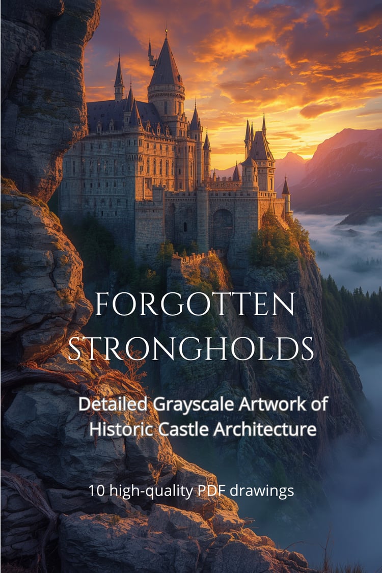 Full-color book cover for "Forgotten Strongholds". Features a majestic medieval castle on a steep cliff during a golden sunset, with warm amber light on towers and cool blue fog in the valley.