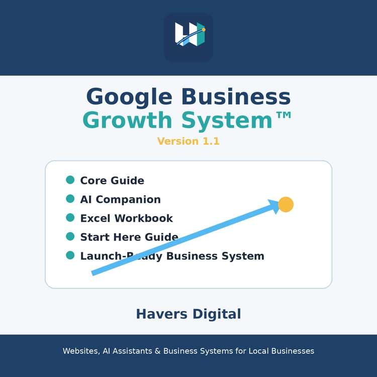 Havers Digital Google Business Growth System digital toolkit cover with core guide, AI companion, Excel workbook, and start here guide.