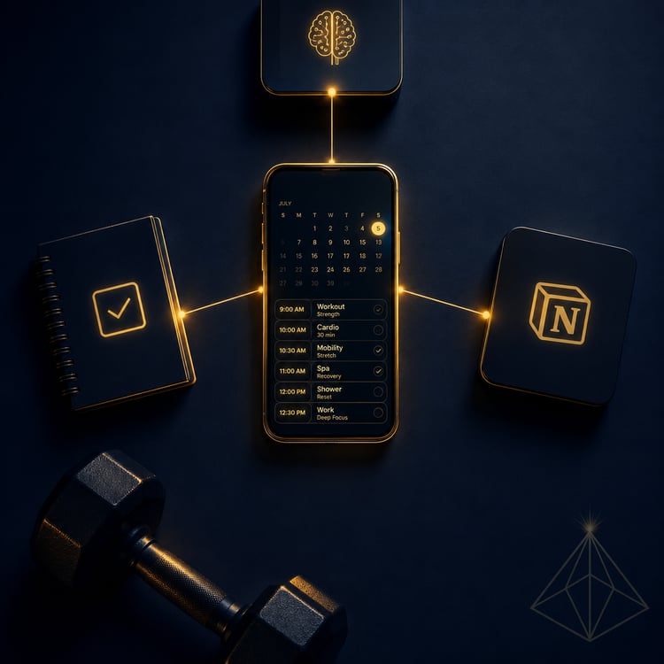 The Visible Practitioner cover for the Gym Autopilot build guide, July 2026. A smartphone glowing gold on deep navy showing a planned workout calendar, connected by gold lines to Notion and a checklist, with a dumbbell below, representing an AI system bui