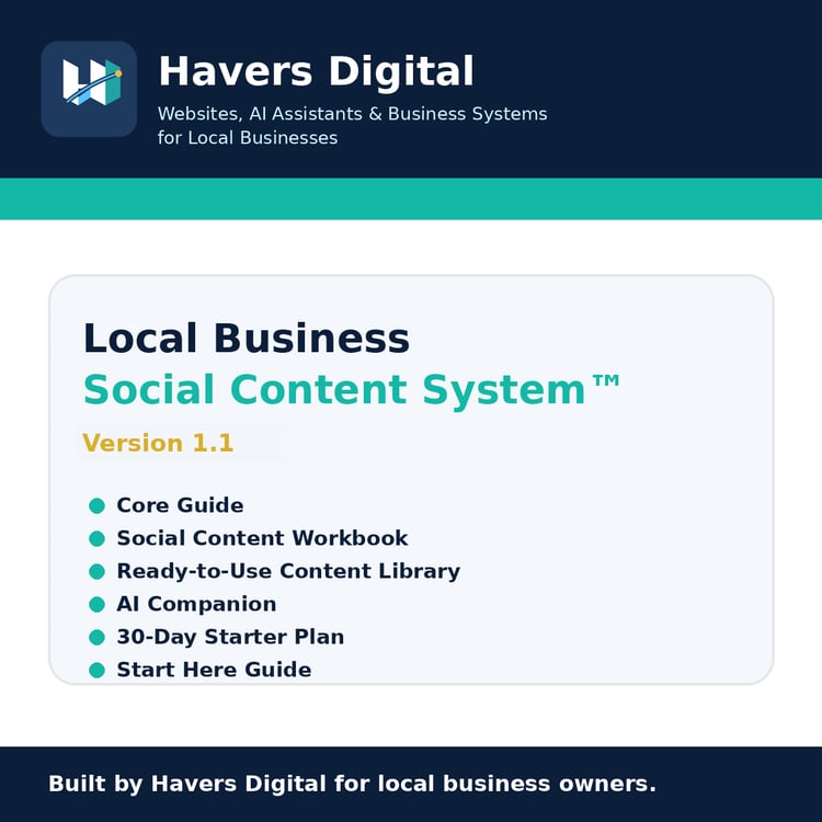 Havers Digital Local Business Social Content System digital toolkit cover with core guide, workbook, content library, AI companion, and 30-day starter plan.
