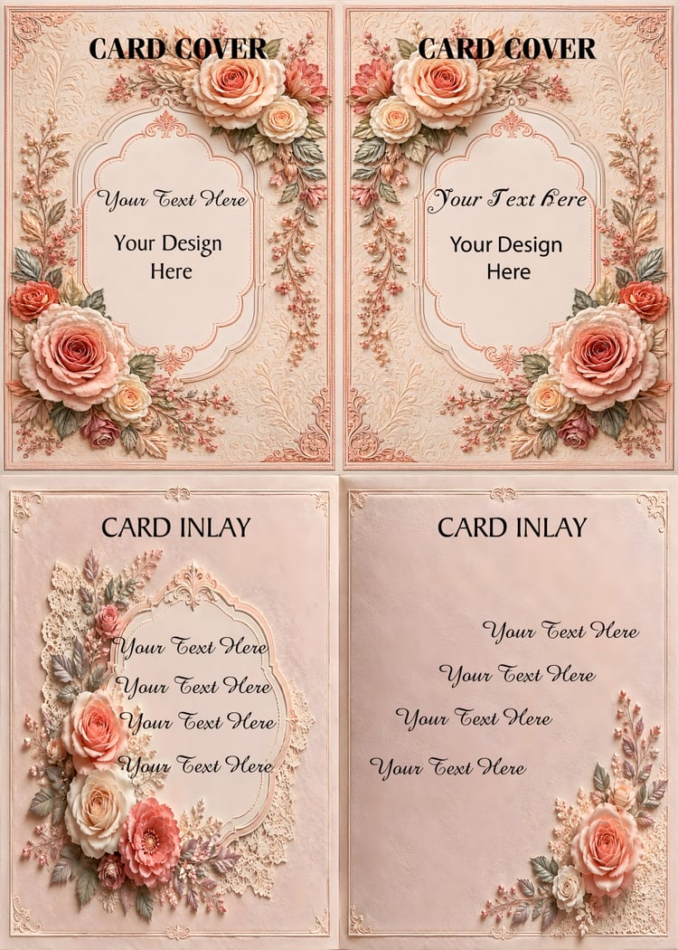 Elegant romantic floral greeting card templates with printable card covers and inlays. Includes PNG, JPG, and PDF files at 300 DPI with a commercial use license. Perfect for wedding cards, anniversary stationery, love notes, bridal shower cards, printable