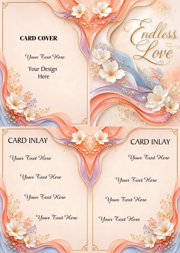 Elegant romantic floral greeting card templates with printable card covers and inlays. Includes PNG, JPG, and PDF files at 300 DPI with a commercial use license. Perfect for wedding cards, anniversary stationery, love notes, bridal shower cards, printable