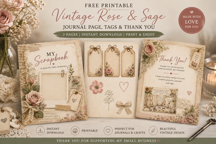 Vintage Rose and Sage free printable journal page with floral tags and thank-you card