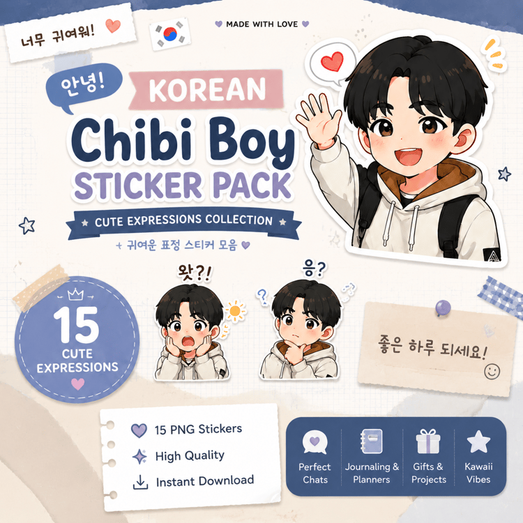Korean chibi boy sticker pack cover with cute expressive boy waving and text “Chibi Boy Stickers Collection”