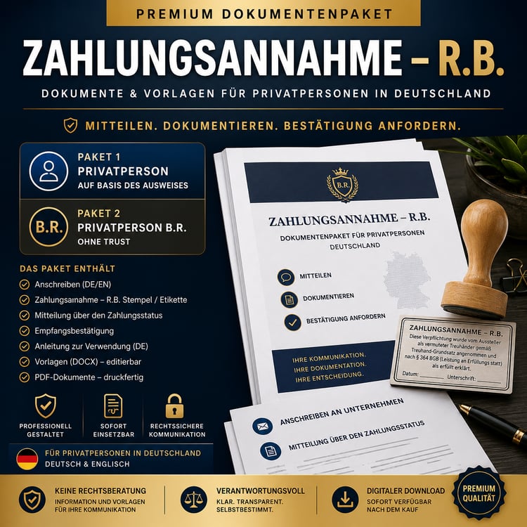 #Zahlungsannahme #Dokumentenpaket #LeistungAnErfüllungsStatt #BGB364 #Musterbrief #Treuhand #RegisteredBeneficiary #DebtSettlement #LegalTemplatesDE #Privatperson #PremiumDownload #LegalDIY