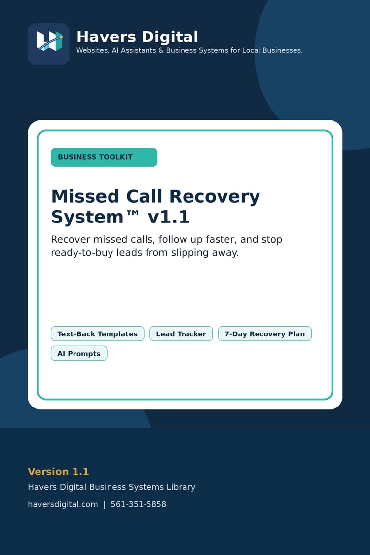 Havers Digital Missed Call Recovery System digital toolkit cover with missed call guide, workbook, text-back templates, AI companion, and 7-day recovery plan.