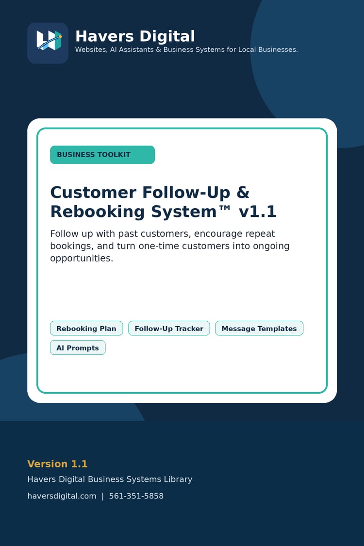 Havers Digital Customer Follow-Up and Rebooking System digital toolkit cover with customer follow-up guide, workbook, message templates, AI companion, and 30-day rebooking plan.