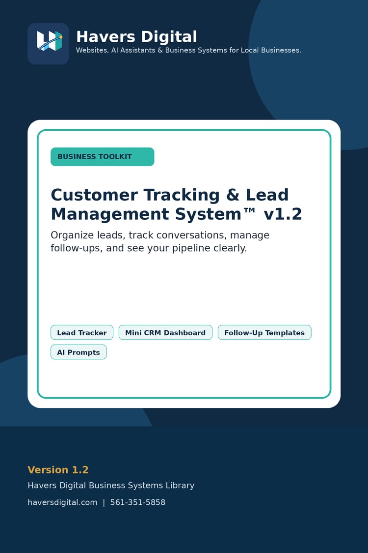 Havers Digital Customer Tracking and Lead Management System digital toolkit cover with CRM workbook, lead tracker, follow-up templates, dashboard charts, and AI prompts.
