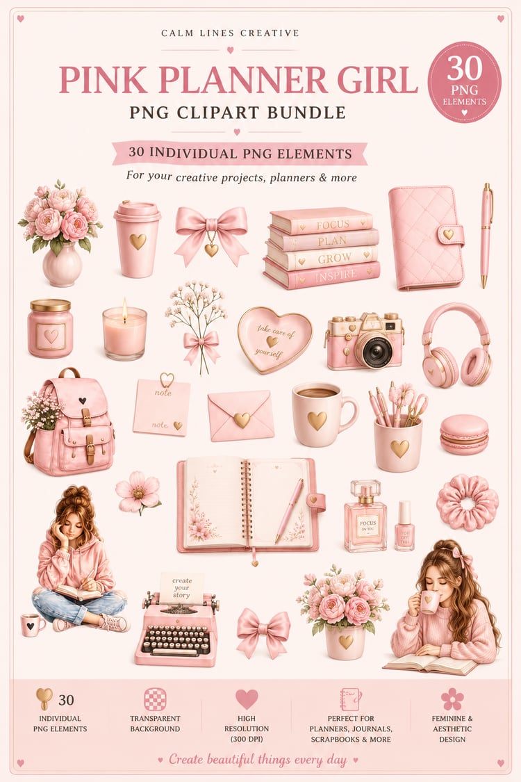 Pink planner clipart preview with stationery, coffee, florals and bows