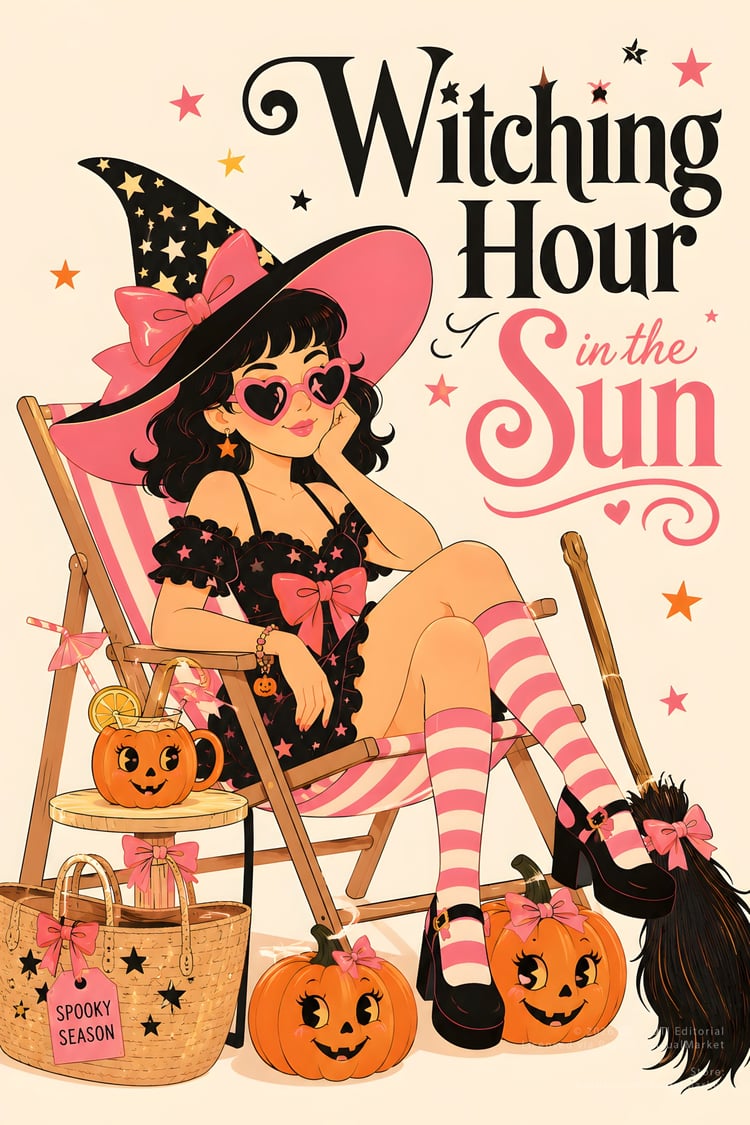 A collage of 10+ Summerween-themed vintage illustrations featuring witches, ghosts, and pumpkins in a pastel pink and orange color palette with tropical palm tree motifs.