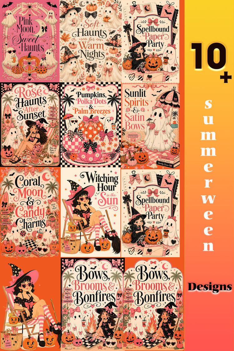 A collage of 10+ Summerween-themed vintage illustrations featuring witches, ghosts, and pumpkins in a pastel pink and orange color palette with tropical palm tree motifs.