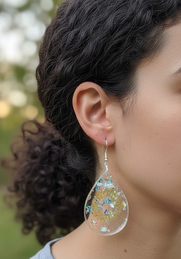 Model wearing handmade clear resin teardrop earrings with gold celestial sun design