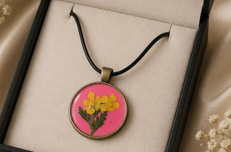 Handmade pressed buttercup resin necklace with yellow flowers on bright pink background
