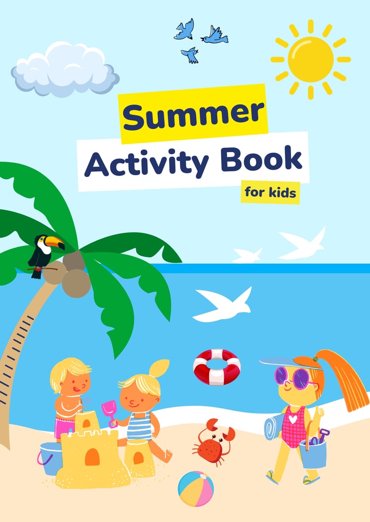 Colorful summer activity book cover featuring children building sandcastles on a beach, a palm tree, ocean waves, sunshine, birds, a beach ball, and summer-themed illustrations for kids.