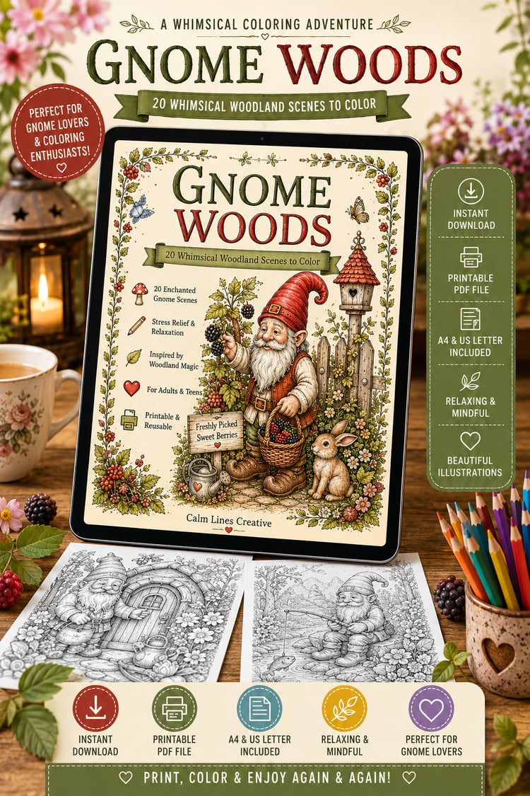 Gnome Woods printable coloring book mockup with cover, open gnome coloring pages and A4 & US Letter sizes included.