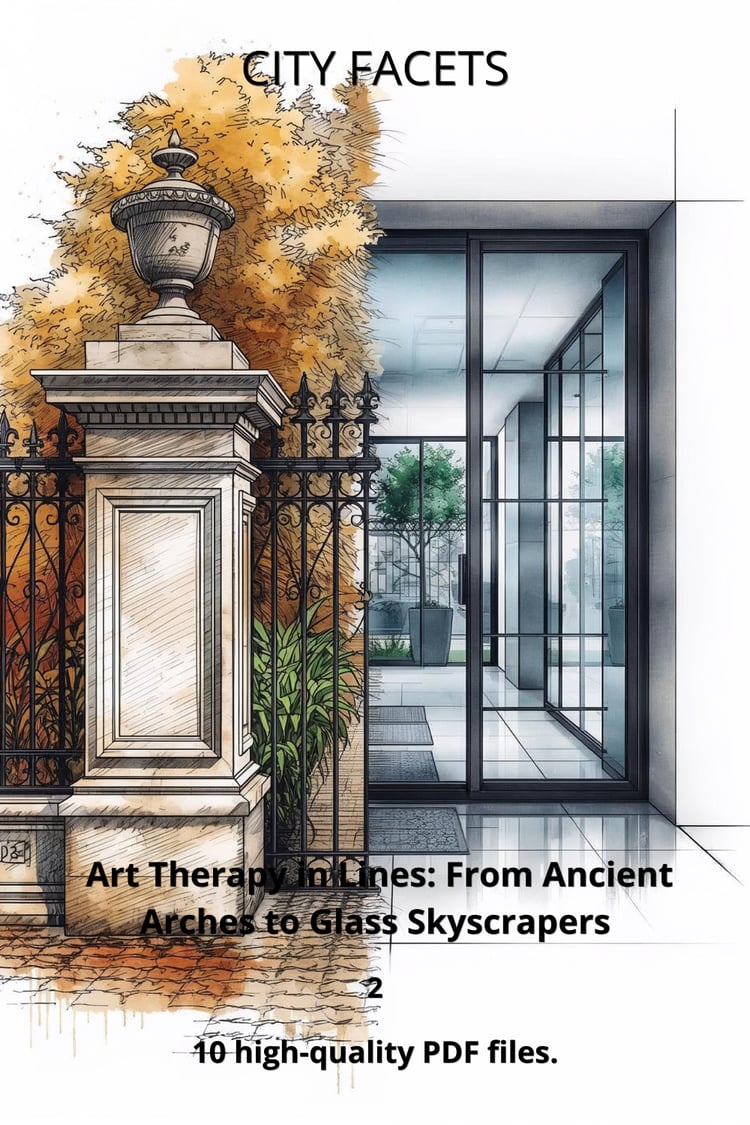 CITY FACETS book cover, split illustration of old town stone gate and modern glass building entrance, art therapy coloring book