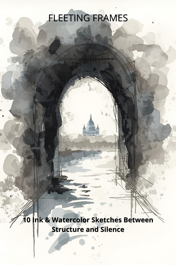 FLEETING FRAMES book cover, ink and watercolor sketch of a stone archway framing a distant cathedral, expressive architectural sketchbook