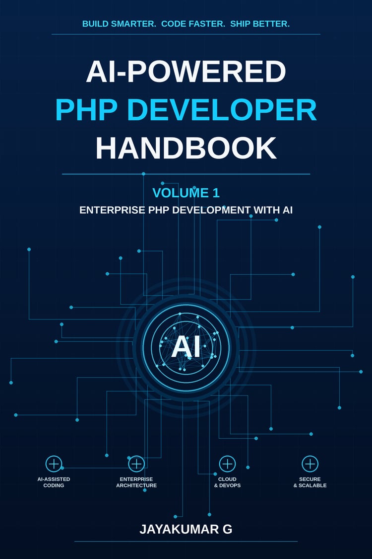 AI-Powered PHP Developer Handbook Volume 1 ebook cover by Jayakumar G for enterprise PHP development with AI