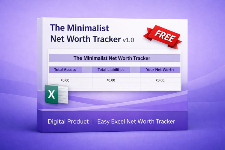 3D product box mockup for a free Minimalist Net Worth Tracker template on a clean purple gradient background. The front of the box displays a Google Sheets dashboard showing sections for Total Assets, Total Liabilities, and Net Worth with zeroed-out balan