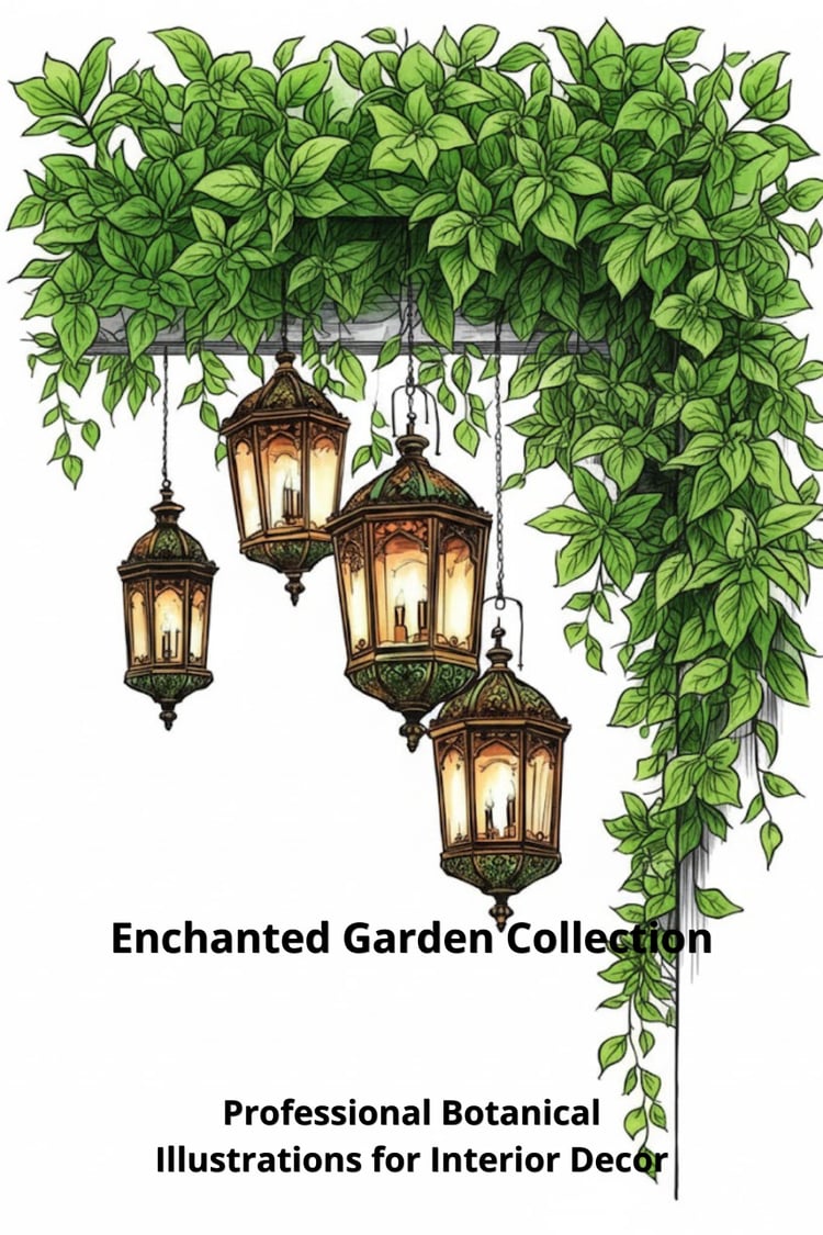 A decorative title image for the "Enchanted Garden Collection," featuring four hanging Moroccan-style lanterns suspended from a beam covered in lush, trailing green ivy on a white background. The title text is clearly visible at the bottom.