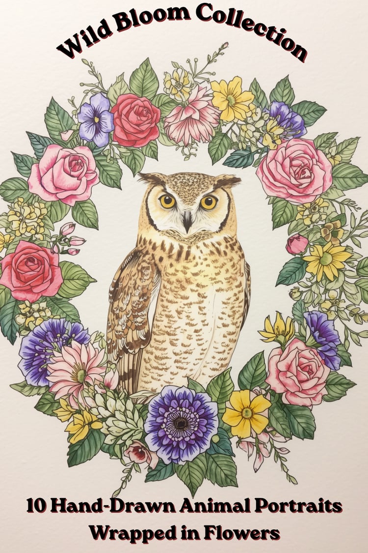Wild Bloom Collection cover, illustration of an owl encircled by a colorful floral wreath, animal portrait wall art
