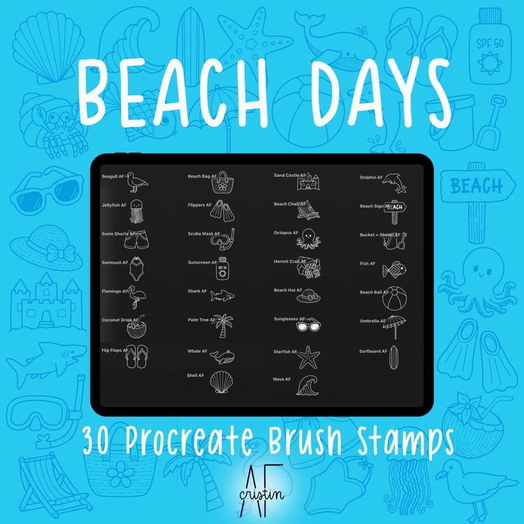 Preview of all 30 Beach Days Procreate brush stamps displayed inside the Procreate brush library, including beach icons, ocean animals, summer accessories, and tropical illustrations for digital art and design.