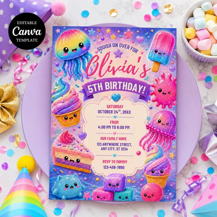 Squishy birthday invitation template editable neon sensory party invite printable digital download