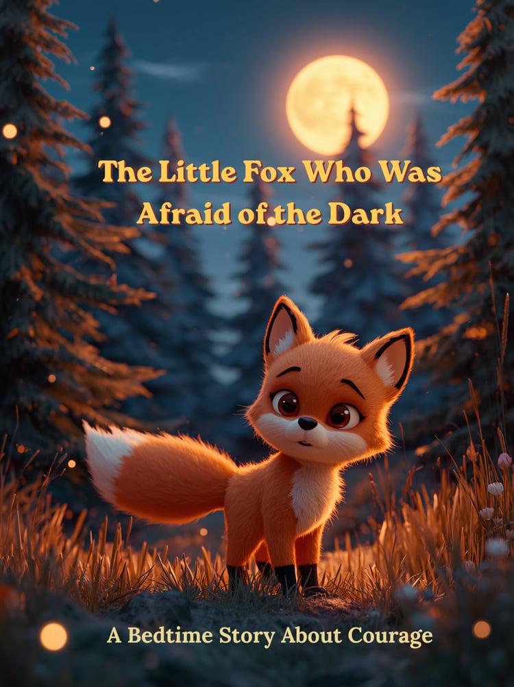 3D illustrated children's bedtime storybook featuring a cute little fox learning to overcome fear of the dark with the help of a wise owl in a magical moonlit forest.