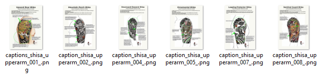 Traditional Japanese irezumi Shisa upper arm composition guide featuring ten annotated sleeve layout studies for tattoo artists.