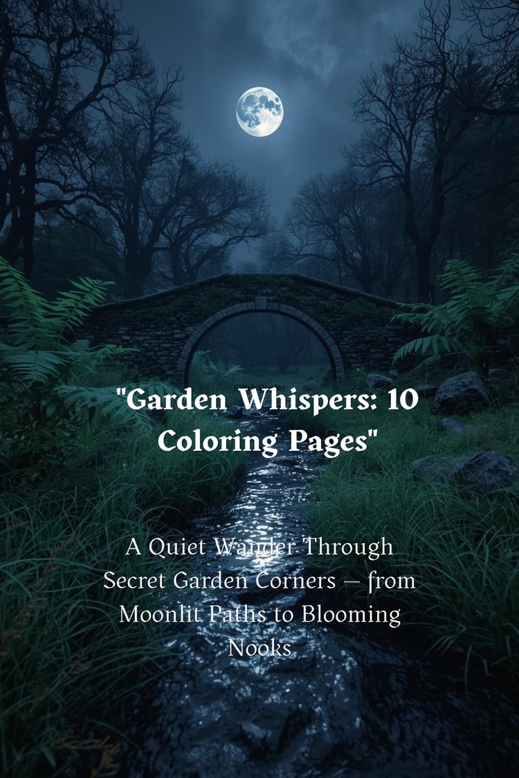"Book cover for Garden Whispers: 10 Coloring Pages — a moonlit stone bridge over a garden stream, framed by bare trees and a full moon, with the title displayed over a dark night sky"