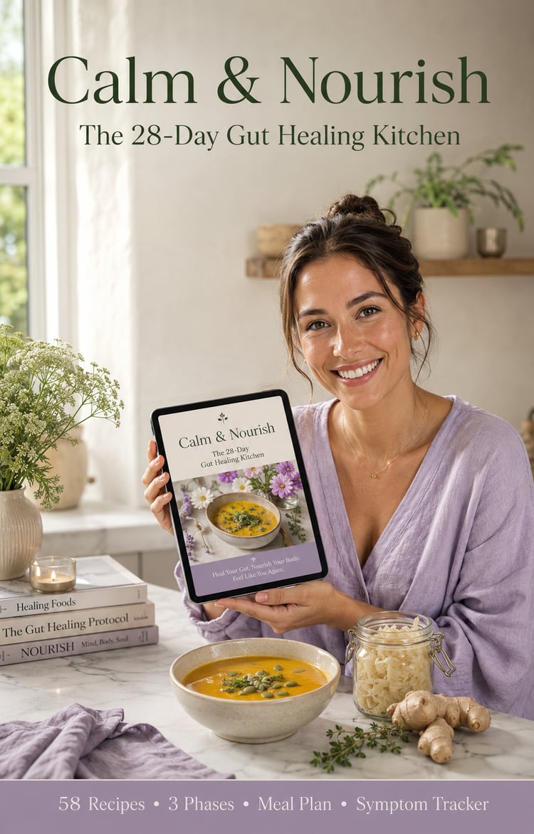 Calm & Nourish: The 28-Day Gut Healing Kitchen — 58 Anti-Inflammatory Recipes + 8 Healing Drinks, 3-Phase Meal Plan, Grocery Lists & Symptom Tracker (Digital Cookbook PDF + Interactive Edition)