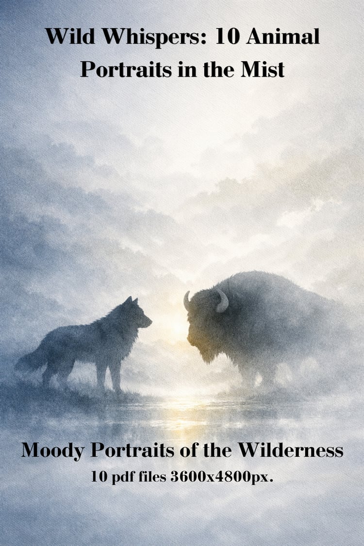 Book cover titled "Wild Whispers: 10 Animal Portraits in the Mist" with the subtitle "Moody Portraits of the Wilderness" and specifications "10 pdf files 3600x4800px", featuring a wolf and a buffalo standing in a misty landscape.