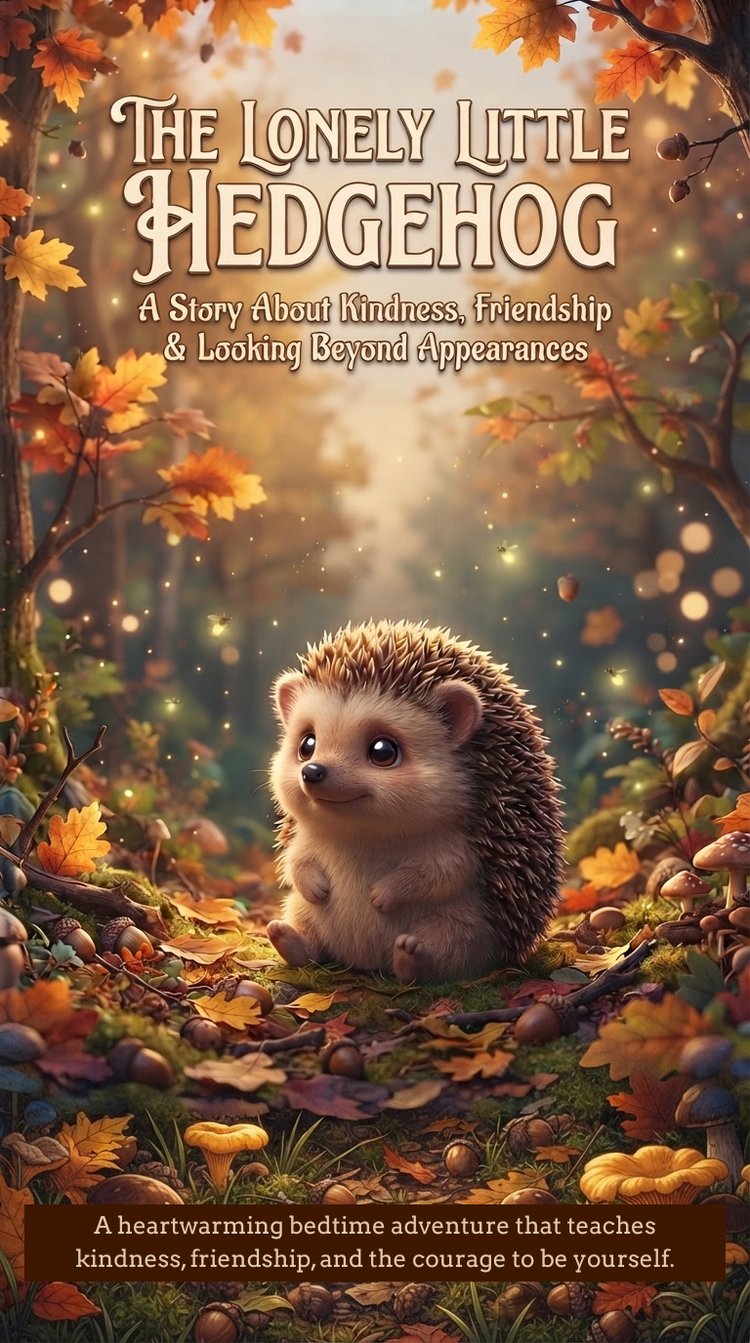 A beautifully illustrated printable children's bedtime story PDF featuring a cute little hedgehog learning that kindness and friendship matter more than appearances.
