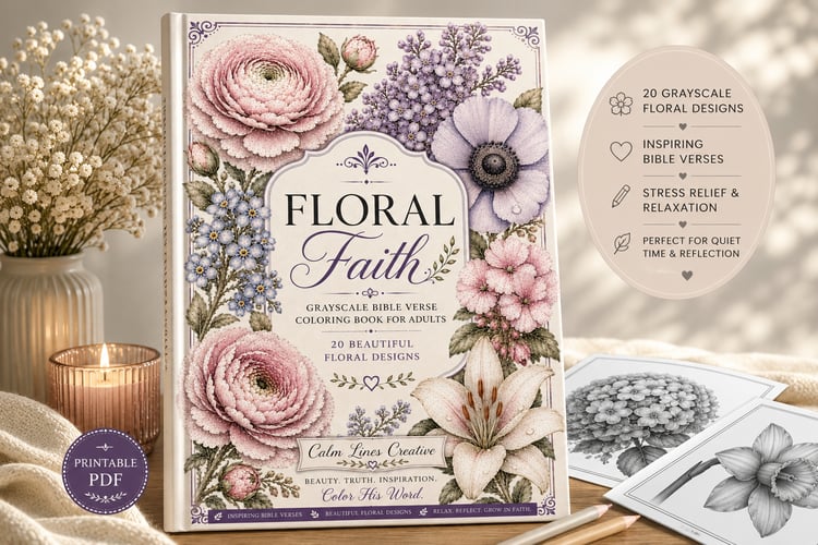Floral Faith grayscale Bible verse coloring book cover with pink and purple botanical illustrations