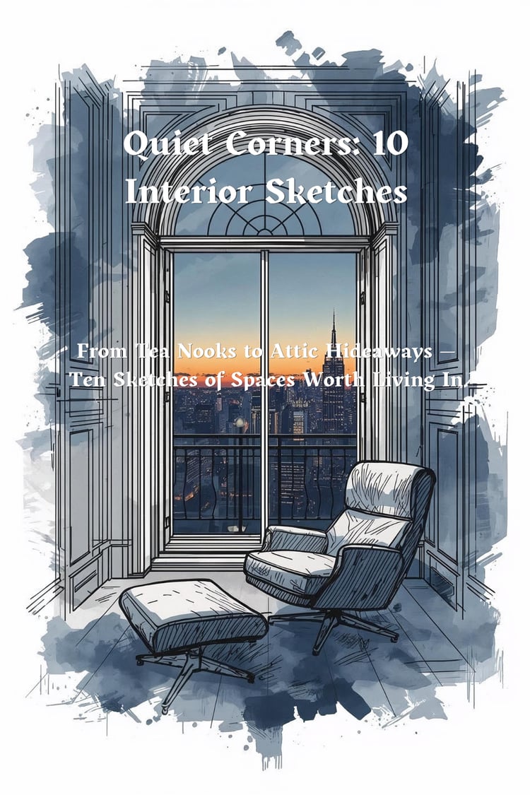 "Cover art for Quiet Corners: 10 Interior Sketches, a hand-drawn armchair by a tall arched window overlooking a city skyline at dusk"