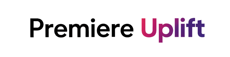 Logo formation de montage vidéo Premiere Uplift, avec le texte uplift coloré et Premiere en noir.