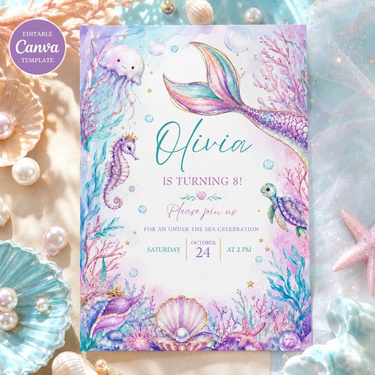 Editable mermaid birthday invitation template with under the sea theme