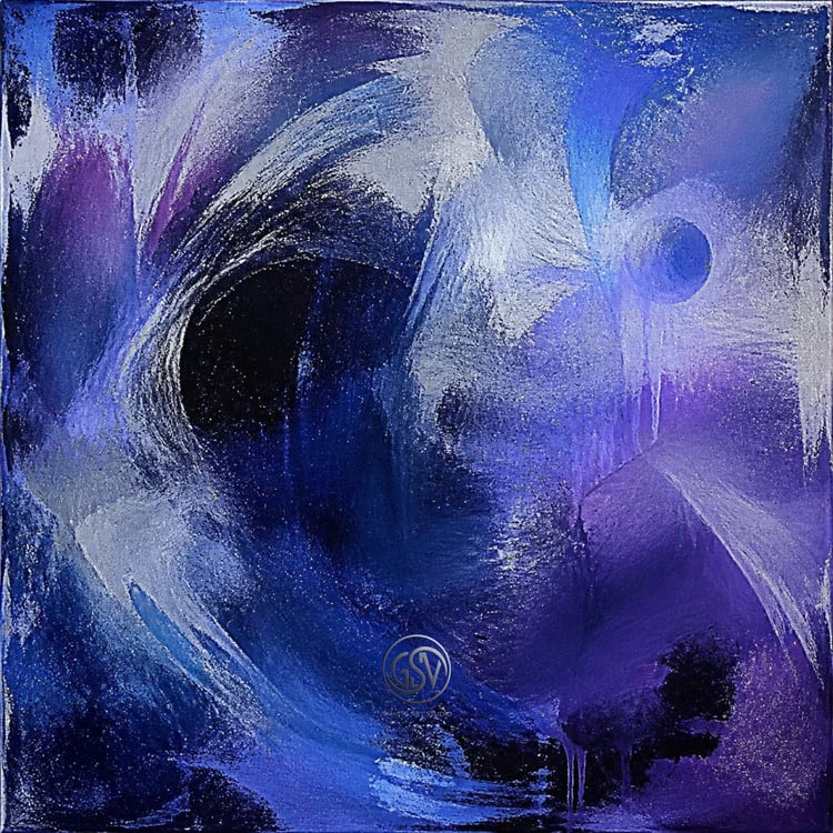 Hand-painted abstract album cover art, deep blue and violet swirling void with glowing planet, textured acrylic canvas — electronic and ambient music cover design