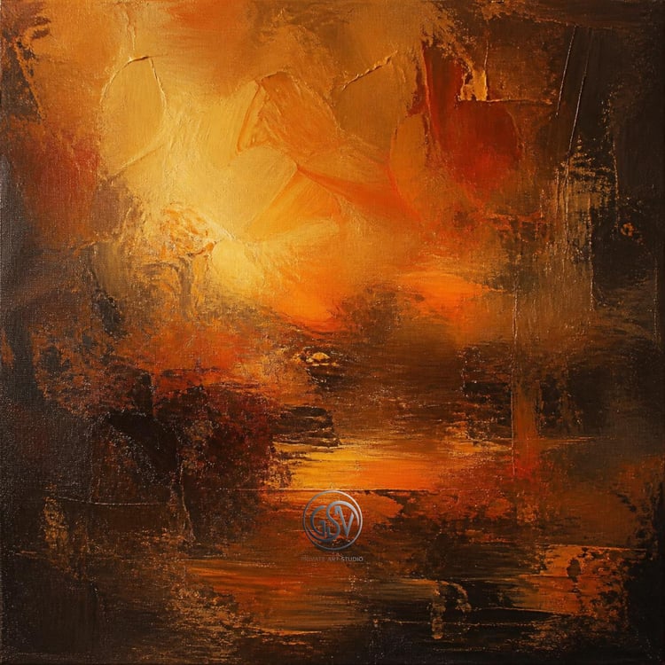 Hand-painted abstract album cover art, warm amber and burnt orange palette knife texture on canvas — acoustic and folk music cover design